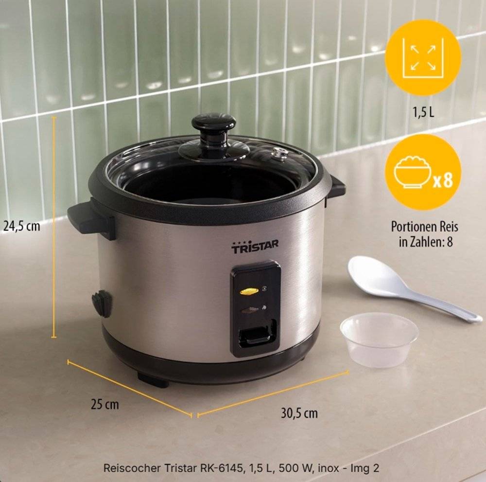 Aparat de gatit orez Tristar RK-6127, 1.5 L, 500 W, functie mentinere la cald, Inox (Produs resigilat, fara urme de utilizare, accesorii lipsa)