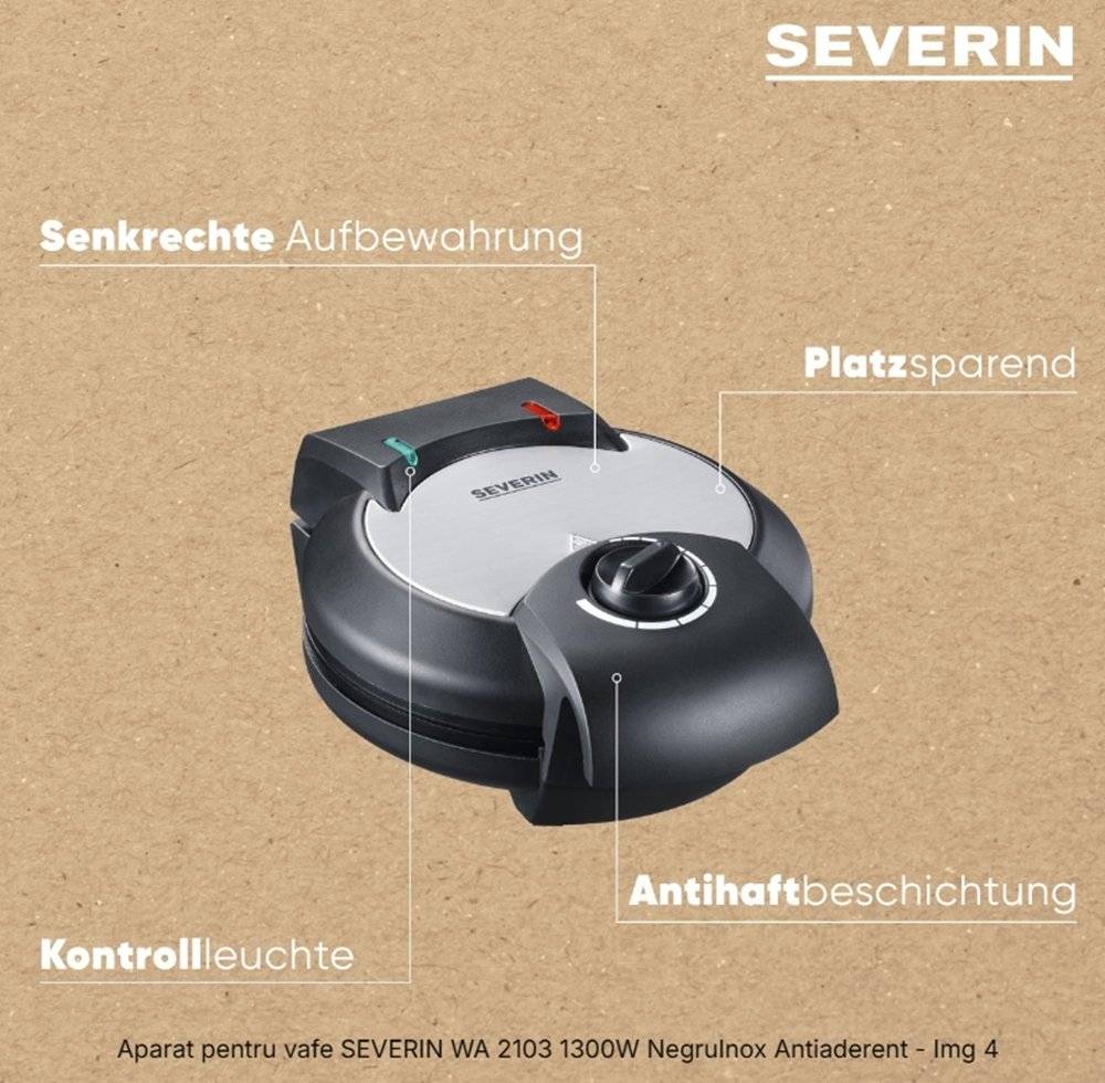 Aparat pentru vafe Severin WA 2103, 1300 W, Termostat reglabil (Produs in stare buna cu usoare urme de utilizare, ambalaj in stare buna)