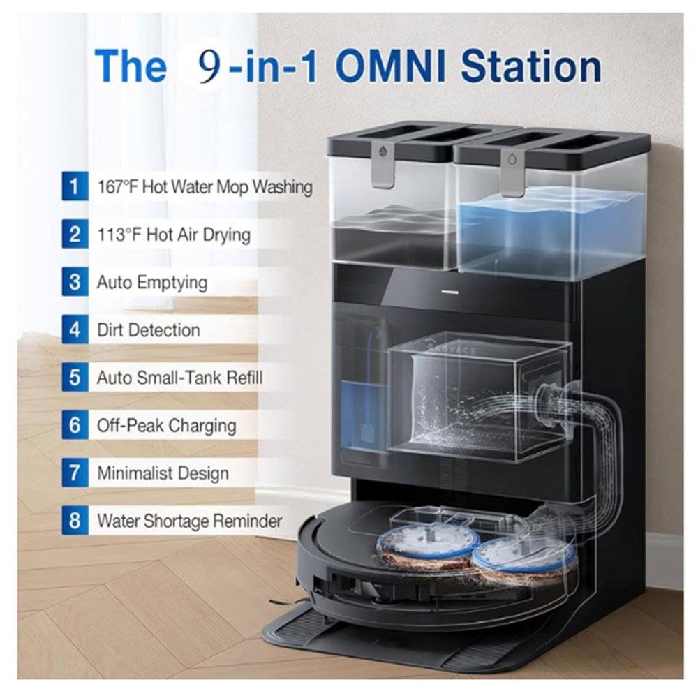 Aspirator robot ECOVACS DEEBOT T50 OMNI, 15.000 Pa, aspirare și spălare, Stație OMNI, LiDAR, 81 mm, Negru (Produs resigilat, cu urme vizibile de utilizare)