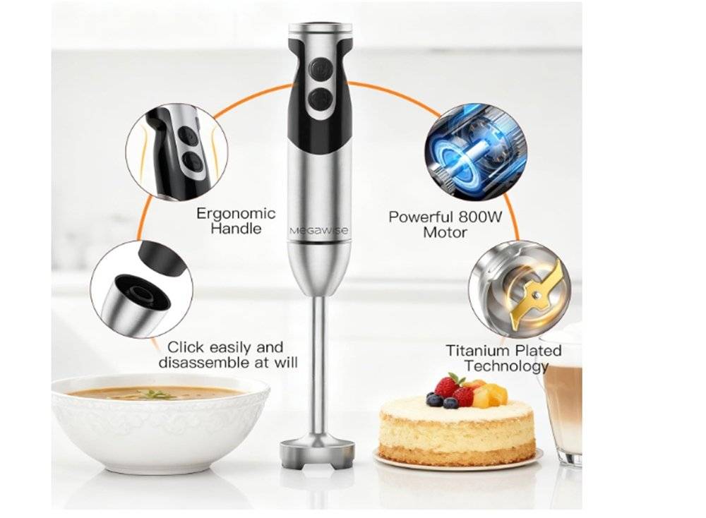 Blender vertical MegaWise, blender de mână cu 12 viteze, blender vertical 3 în 1 din oțel inoxidabil ranforsat cu titan; (Produs nou fara urme de utilizare, ambalaj in stare buna)