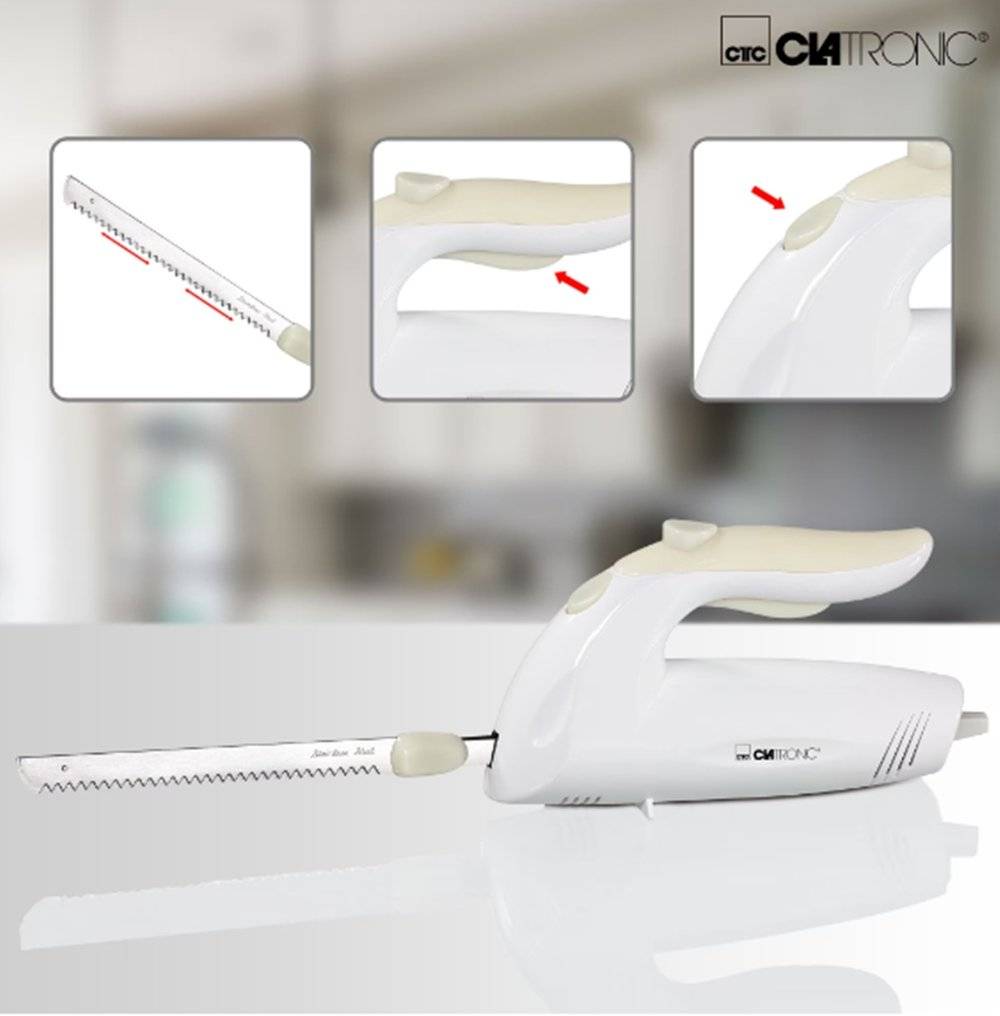 Cuțit electric Clatronic EM 3062, 150 W, lame duble din inox, buton de siguranță, alb (Produs resigilat, fără urme de utilizare)