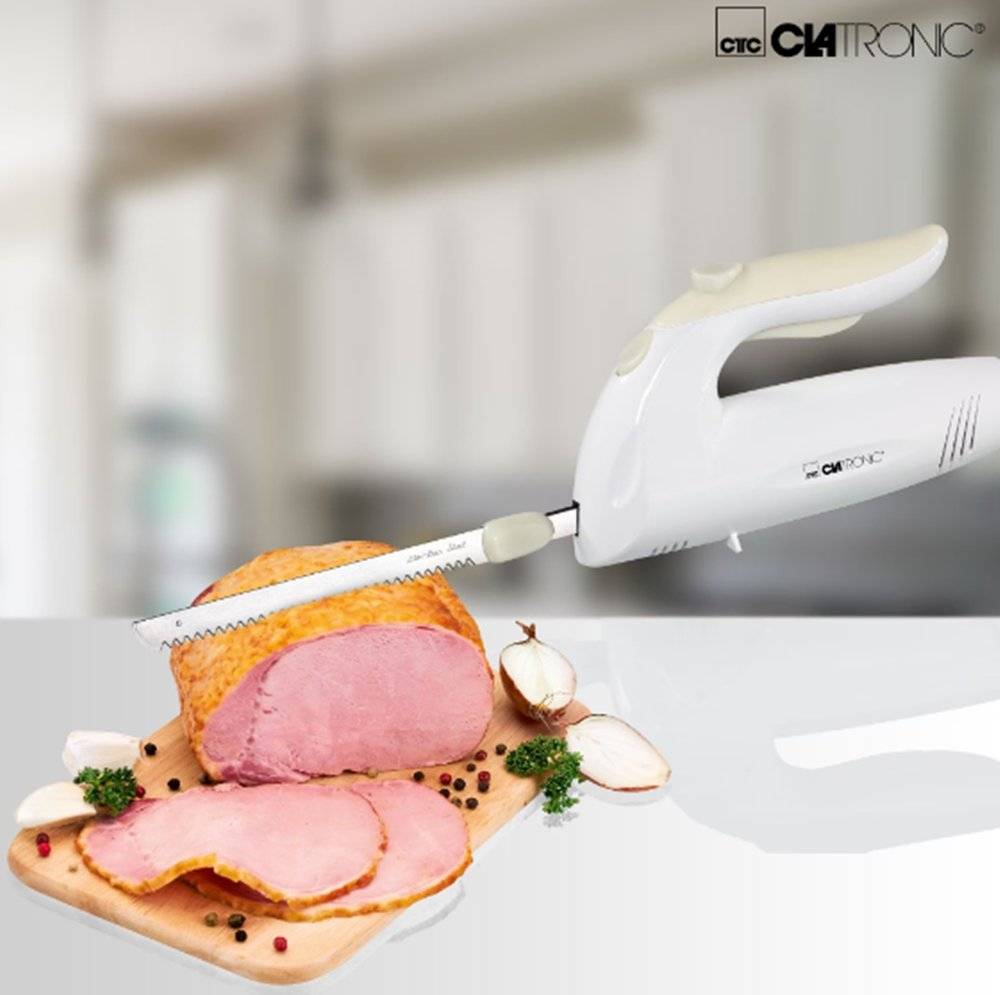 Cuțit electric Clatronic EM 3062, 150 W, lame duble din inox, buton de siguranță, alb (Produs resigilat, fără urme de utilizare)