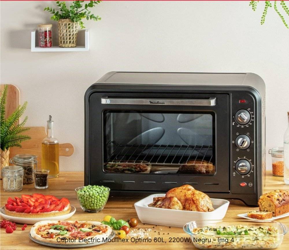 Cuptor Electric Moulinex Optimo 60L, 2200W, Negru (Produs resigilat, fara urme de utilizare, cu mici imperfectiuni estetice cauzate de transport, nu afecteaza functionarea)