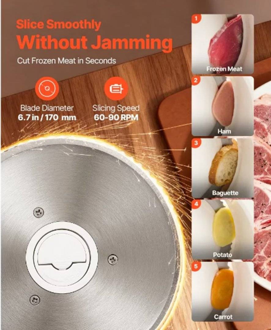Feliator carne electric 180W, lama 170 mm, grosime reglabila 0-15 mm, pentru mezeluri, (PRODUS RESIGILAT, FARA URME DE UTILIZARE)