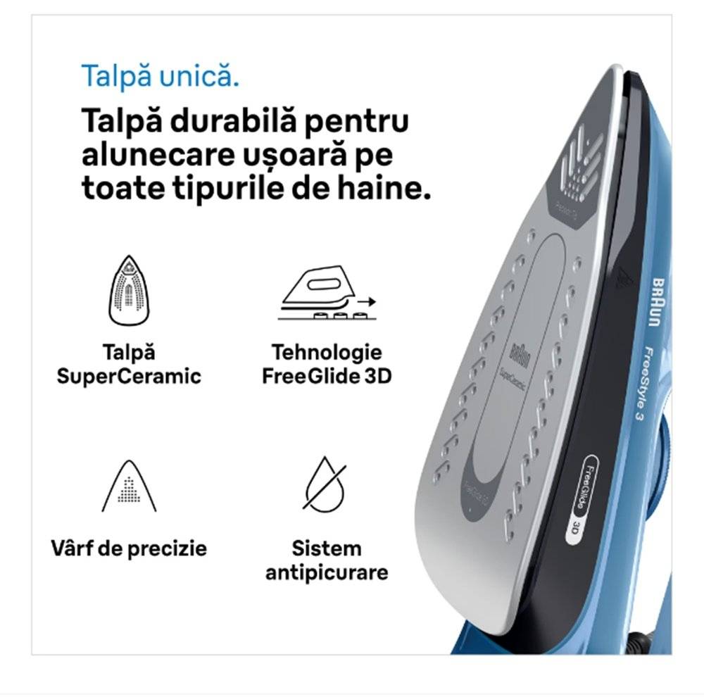 Fier de calcat Braun FreeStyle 3 FI3194BK, albastru (Produs nou fara urme de utilizare, ambalaj in stare buna)