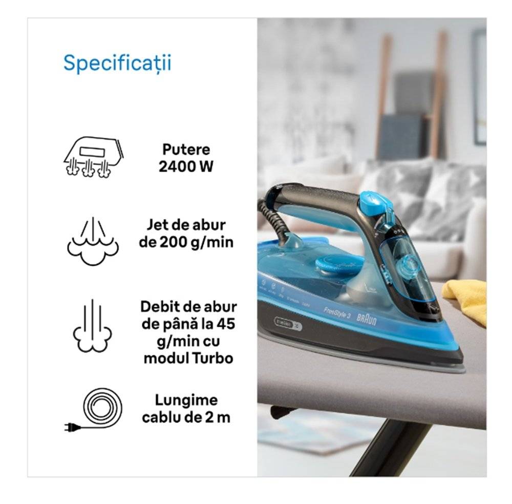 Fier de calcat Braun FreeStyle 3 FI3194BK, albastru (Produs nou fara urme de utilizare, ambalaj in stare buna)