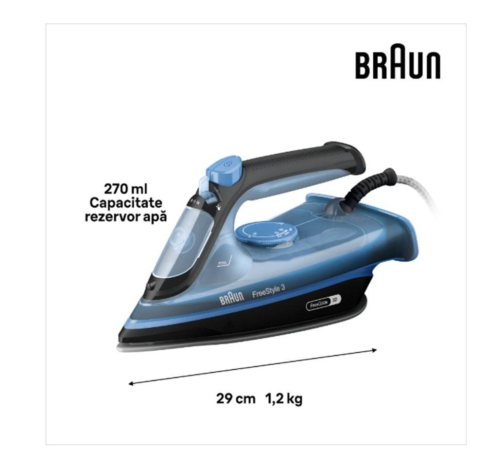 Fier de calcat Braun FreeStyle 3 FI3194BK, albastru (Produs nou fara urme de utilizare, ambalaj in stare buna)
