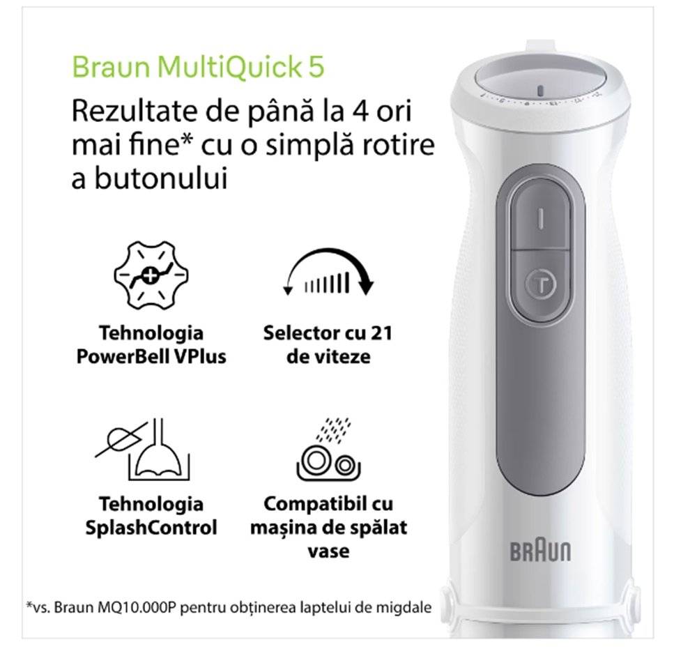 Mixer vertical Braun MultiQuick 5 MQ 5235, 3 in 1, 1000 W, 21 viteze + Turbo, tocator 500 ml, tel, pahar gradat, Alb/Gri (PRODUS RESIGILAT, FARA URME DE UTILIZARE)