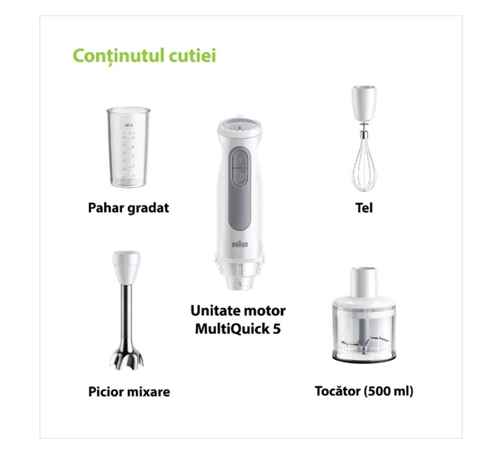 Mixer vertical Braun MultiQuick 5 MQ 5235, 3 in 1, 1000 W, 21 viteze + Turbo, tocator 500 ml, tel, pahar gradat, Alb/Gri (PRODUS RESIGILAT, FARA URME DE UTILIZARE)