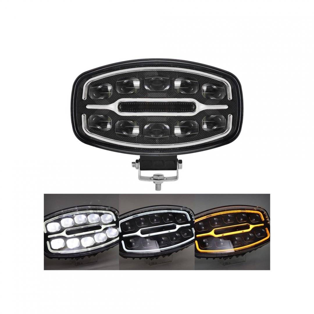 Proiector LED auto 2 faze cu DRL alb si portocaliu, 12V 24V 55W omologare E9