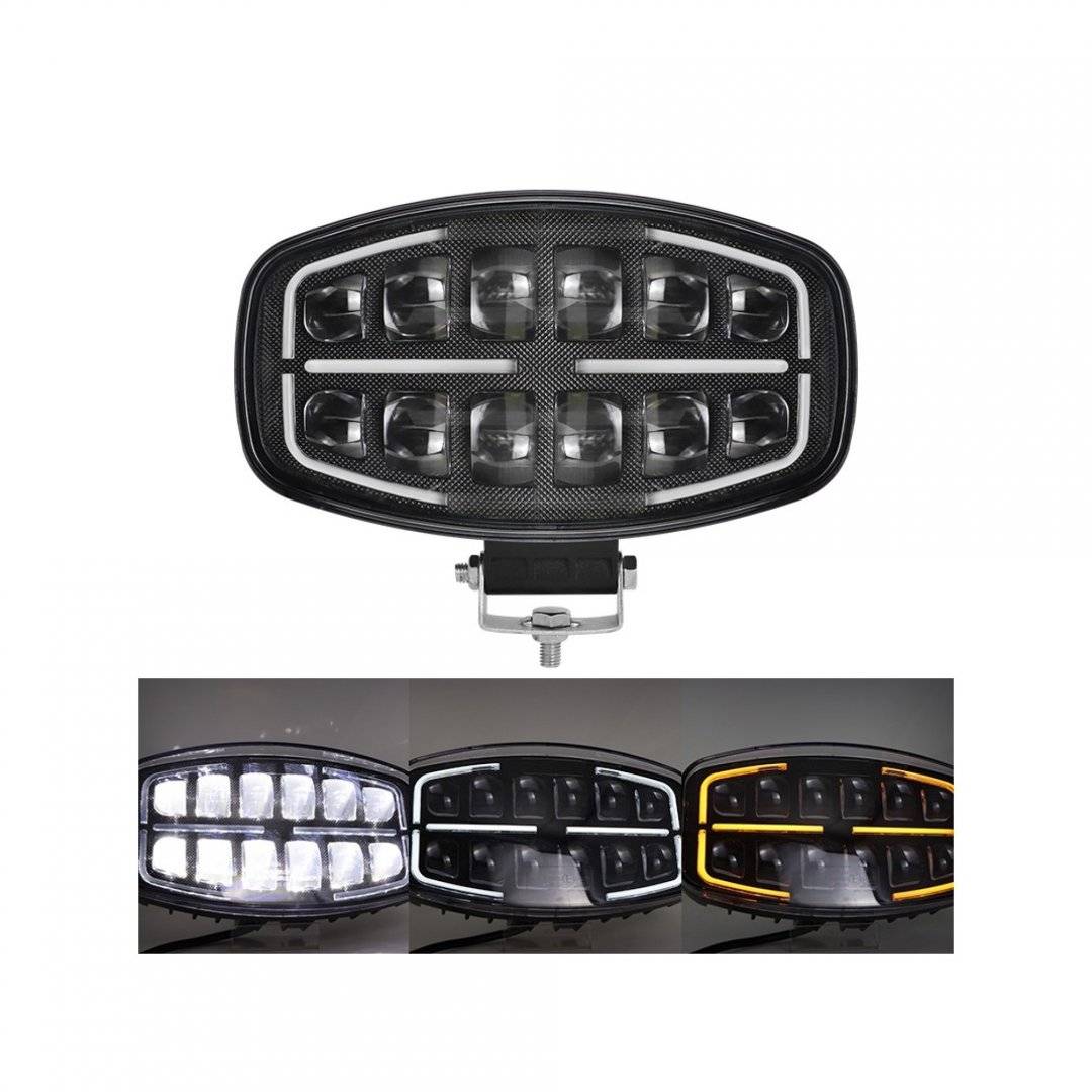 Proiector LED auto 2 faze cu DRL alb si portocaliu, 12V 24V 75W omologare E9