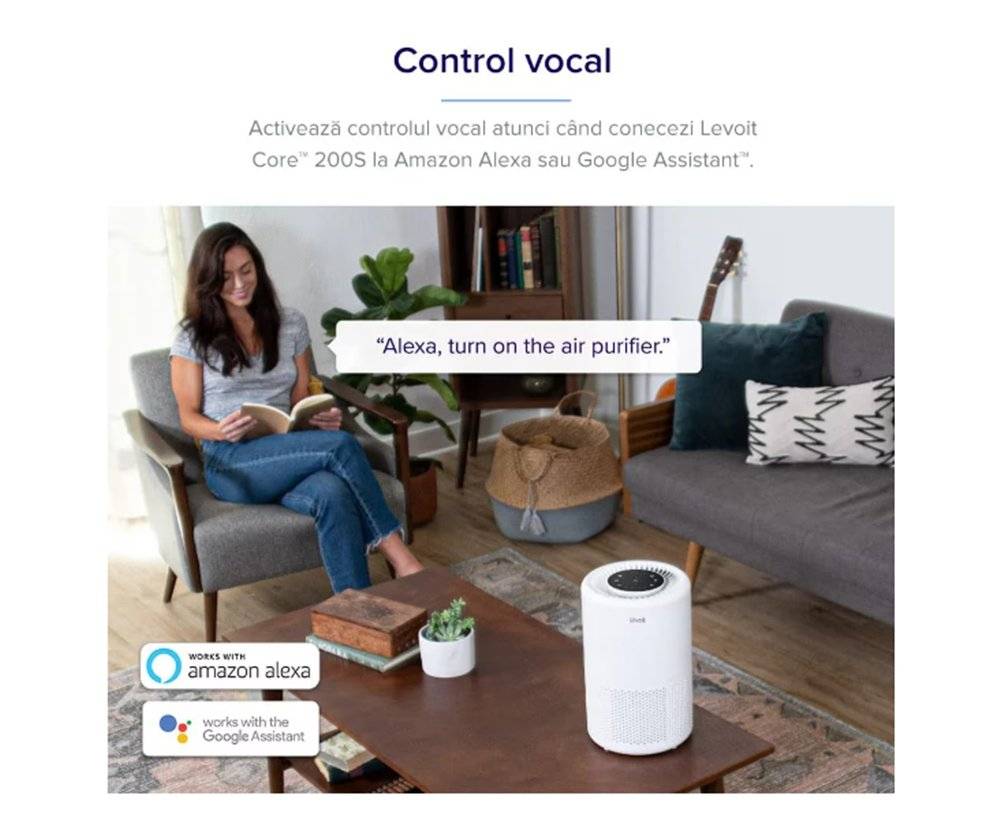 Purificator de Aer Smart Levoit Core 200S Wi-Fi, Filtru 3 in 1 True HEPA,  Super Silent,Google Home, Touch Screen, Alb (Produs fara urme de utilizare, ambalaj usor deteriorat)