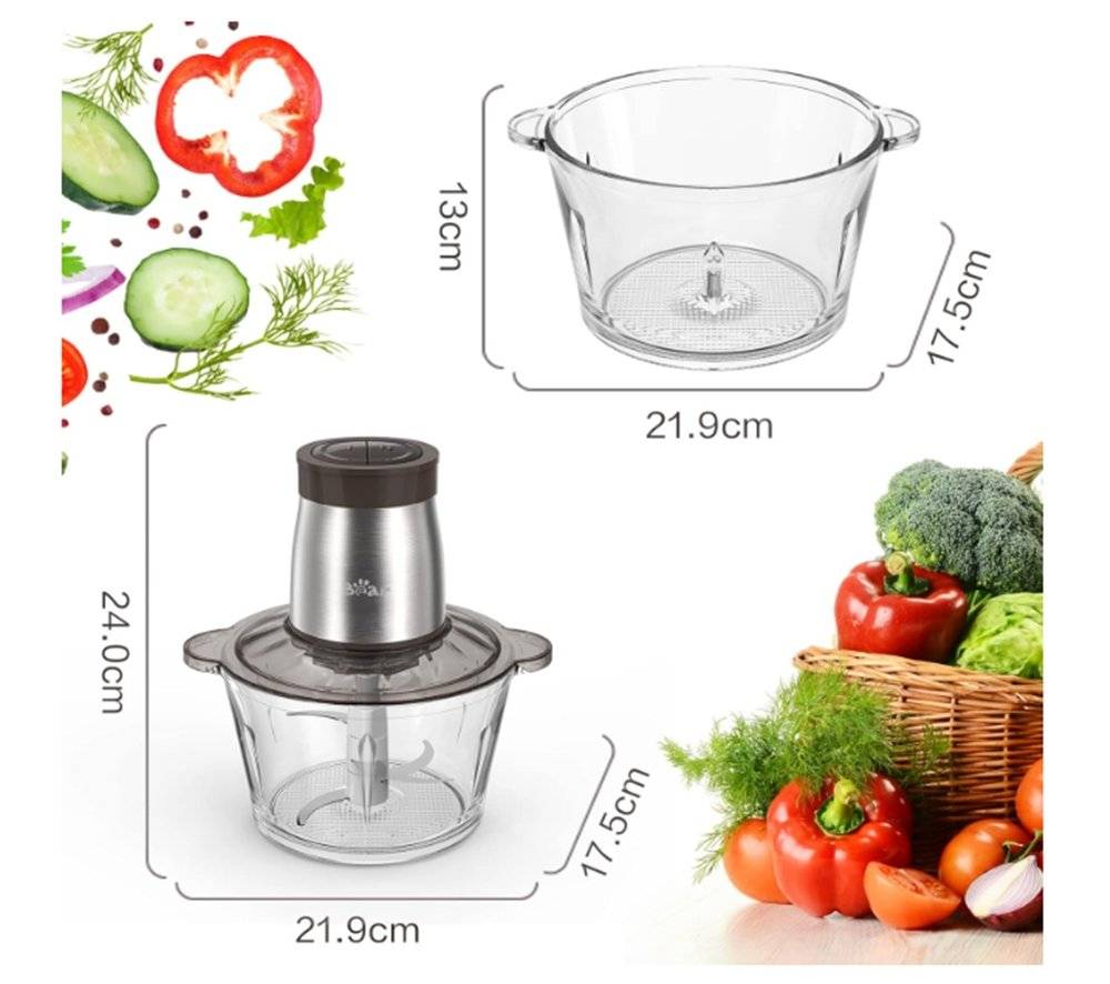 Robot de bucătărie Bear 2L, 300W – Tocător electric de legume cu bol din sticlă (Produs  fara urme de utilizare, ambalaj in stare buna)