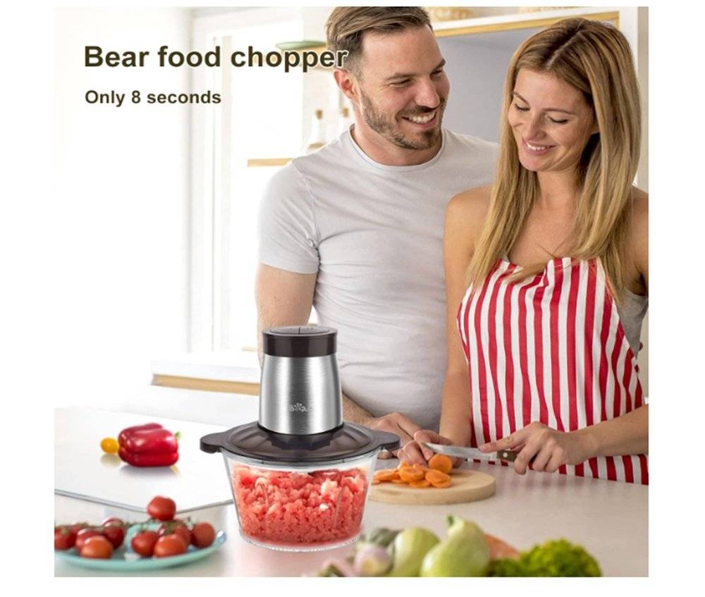 Robot de bucătărie Bear 2L, 300W – Tocător electric de legume cu bol din sticlă (Produs  fara urme de utilizare, ambalaj in stare buna)