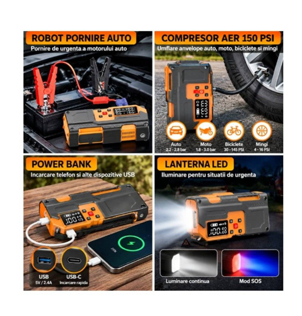 Robot pornire auto cu compresor aer digital 150 PSI 12V 120W, baterie 8000 mAh, Power Bank lanterna