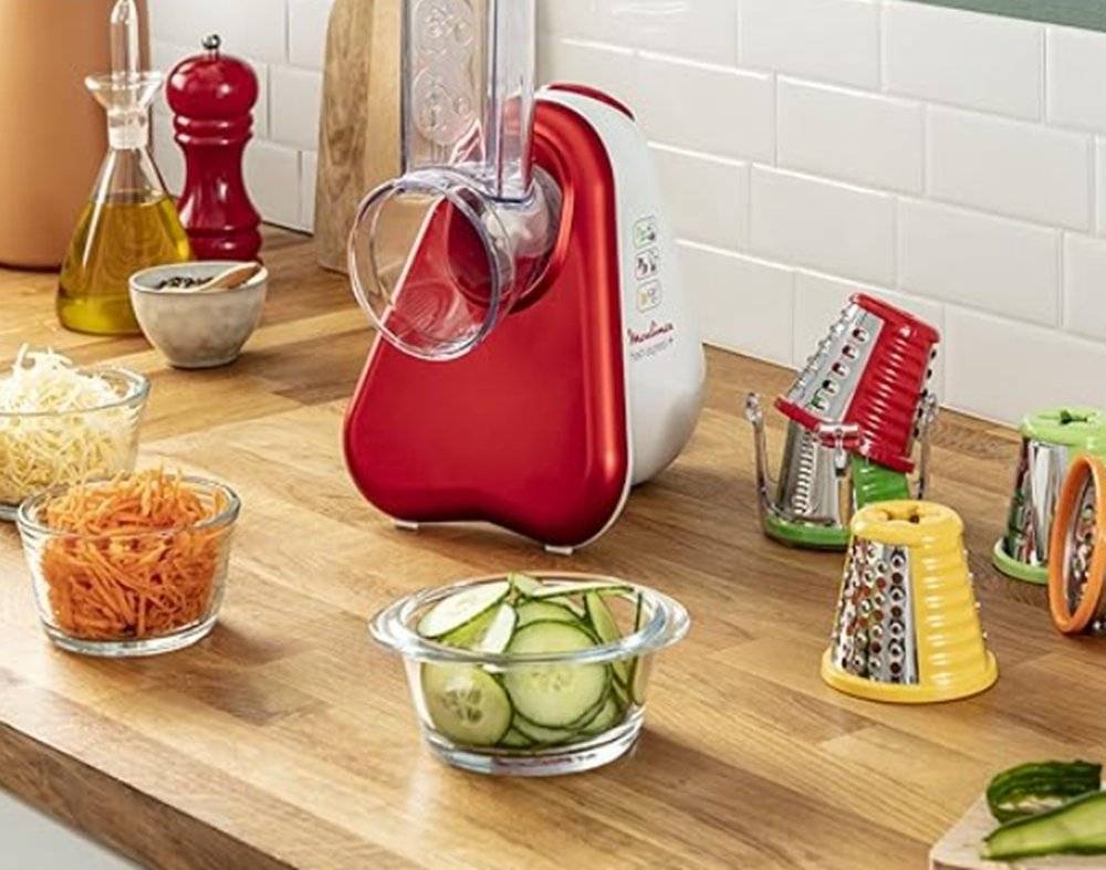 Răzătoare electrică Moulinex Fresh Express DJ75G15/35A, 5 în 1, 150 W, 5 conuri pentru feliere și răzuire, Roșu/Alb (Produs resigilat, fără urme de utilizare)