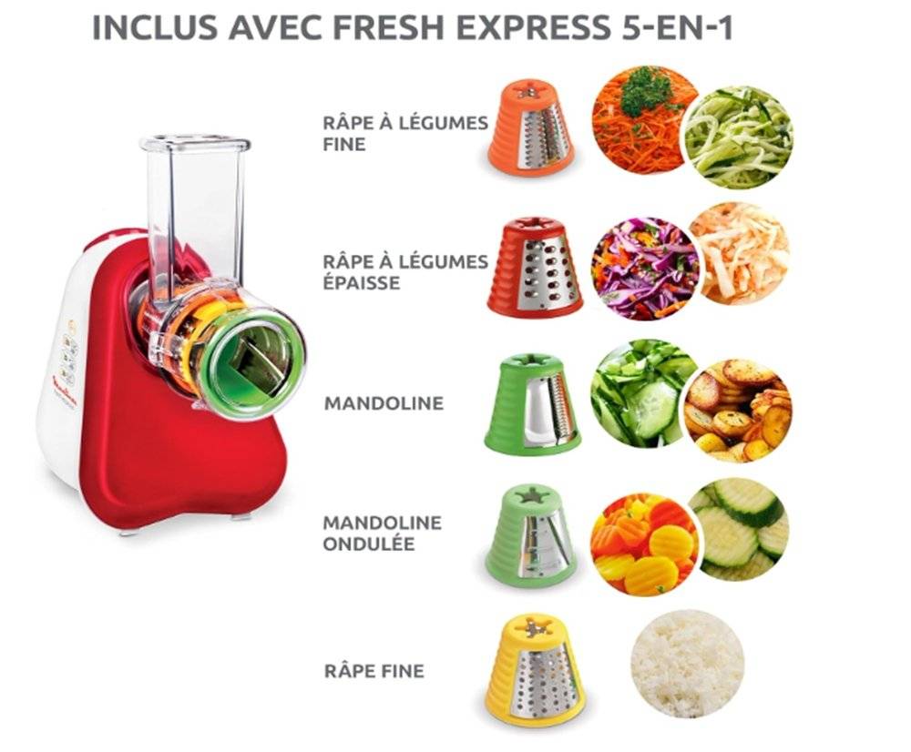 Răzătoare electrică Moulinex Fresh Express DJ75G15/35A, 5 în 1, 150 W, 5 conuri pentru feliere și răzuire, Roșu/Alb (Produs resigilat, fără urme de utilizare)