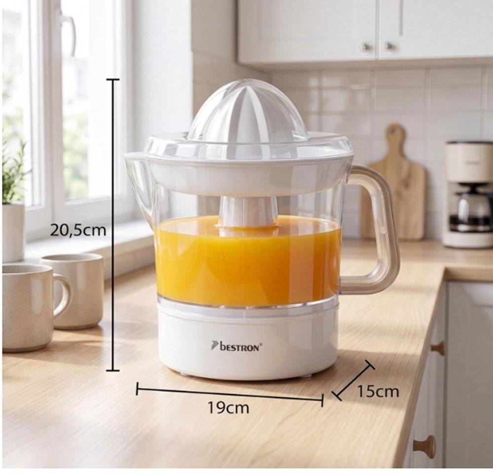 Storcător electric de citrice Bestron ACJ350NH, 40 W, capacitate 0.7 L, 2 conuri de stoarcere, rotație în ambele sensuri, Alb (Produs resigilat fără urme de utilizare)