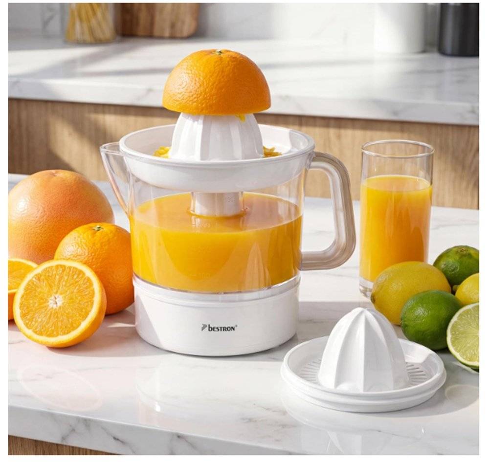 Storcător electric de citrice Bestron ACJ350NH, 40 W, capacitate 0.7 L, 2 conuri de stoarcere, rotație în ambele sensuri, Alb (Produs resigilat fără urme de utilizare)