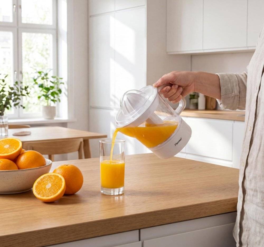 Storcător electric de citrice Bestron ACJ350NH, 40 W, capacitate 0.7 L, 2 conuri de stoarcere, rotație în ambele sensuri, Alb (Produs resigilat fără urme de utilizare)