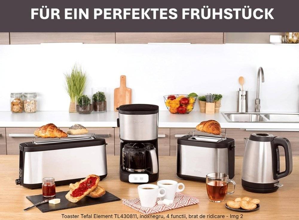 Toaster Tefal Element TL430811, Inox/Negru, 4 functii, brat de ridicare (Produs resigilat, fara urme de utilizare)