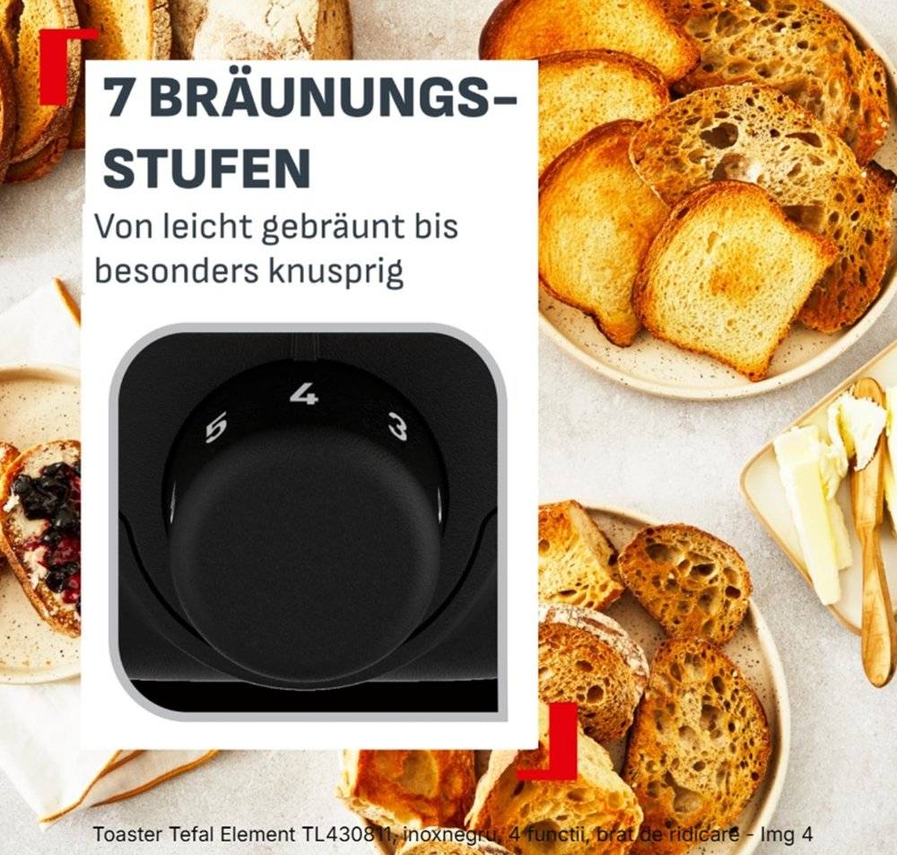 Toaster Tefal Element TL430811, Inox/Negru, 4 functii, brat de ridicare (Produs resigilat, fara urme de utilizare)