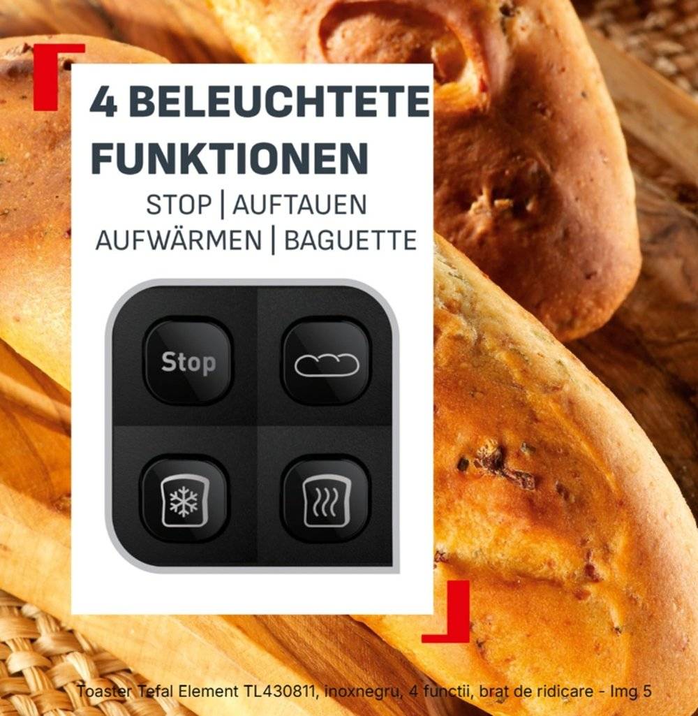 Toaster Tefal Element TL430811, Inox/Negru, 4 functii, brat de ridicare (Produs resigilat, fara urme de utilizare)