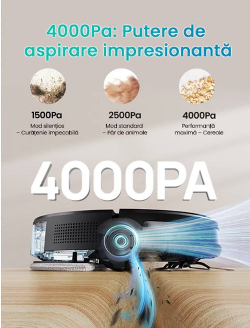 Vactidy W7 Robot aspirator 3-in-1 cu functie de stergere, 4000Pa/120Min Robot aspirator pentru covoare, par de animale, (Produs resigilat, cu usoare urme de utilizare,lipsa telecomanda)