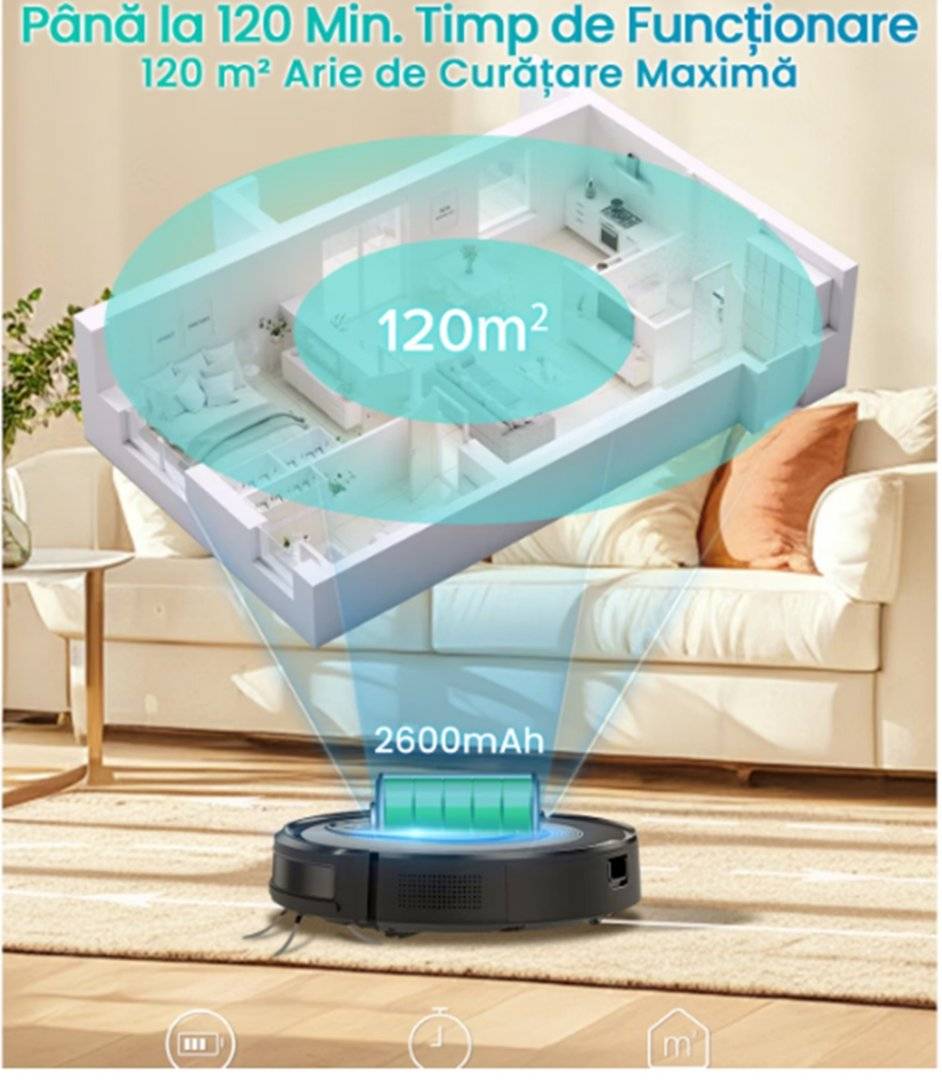 Vactidy W7 Robot aspirator 3-in-1 cu functie de stergere, 4000Pa/120Min Robot aspirator pentru covoare, par de animale, (Produs resigilat, cu usoare urme de utilizare,lipsa telecomanda)