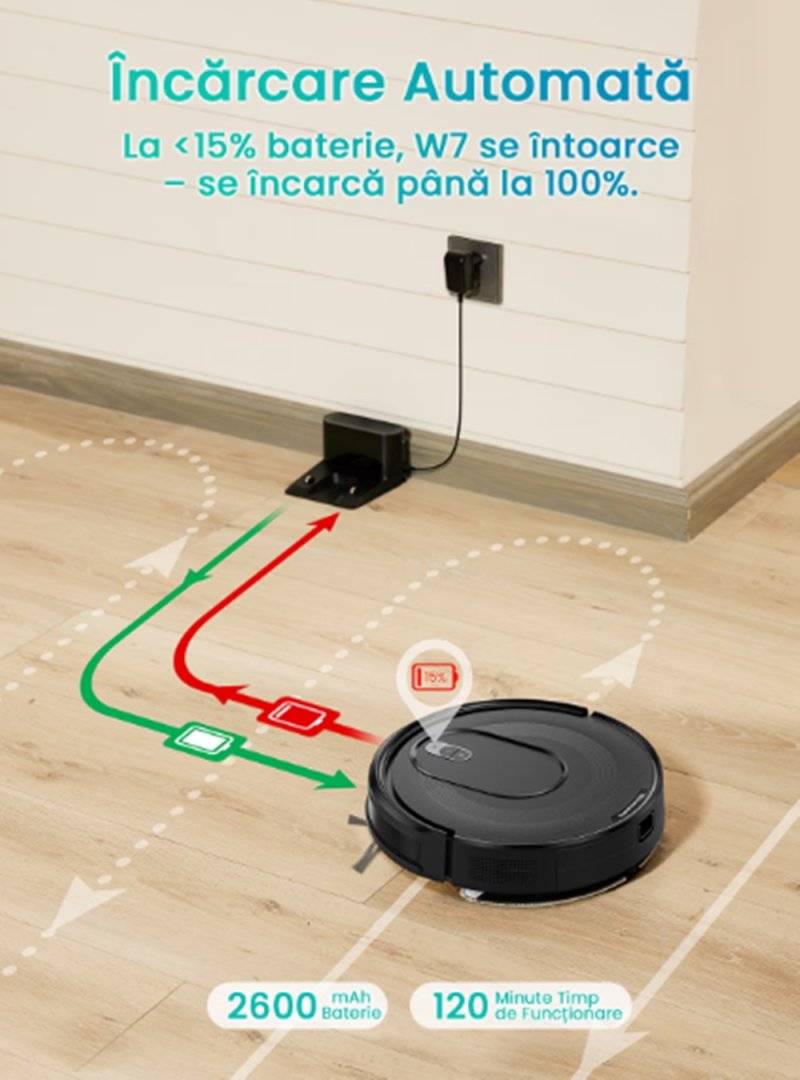 Vactidy W7 Robot aspirator 3-in-1 cu functie de stergere, 4000Pa/120Min Robot aspirator pentru covoare, par de animale, (Produs resigilat, cu usoare urme de utilizare,lipsa telecomanda)
